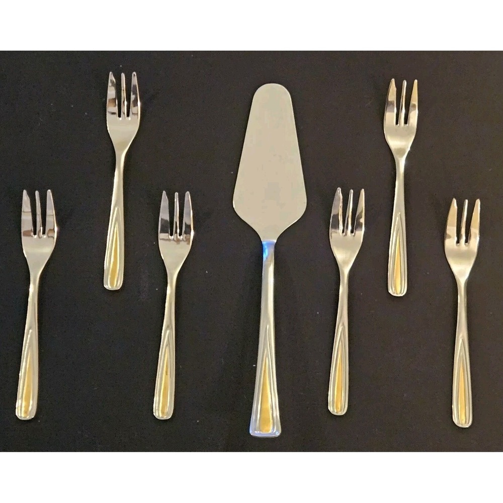 VINTAGE Inox Cake Server Pie Server With 6 Desert Forks Stainless/ Made In Italy